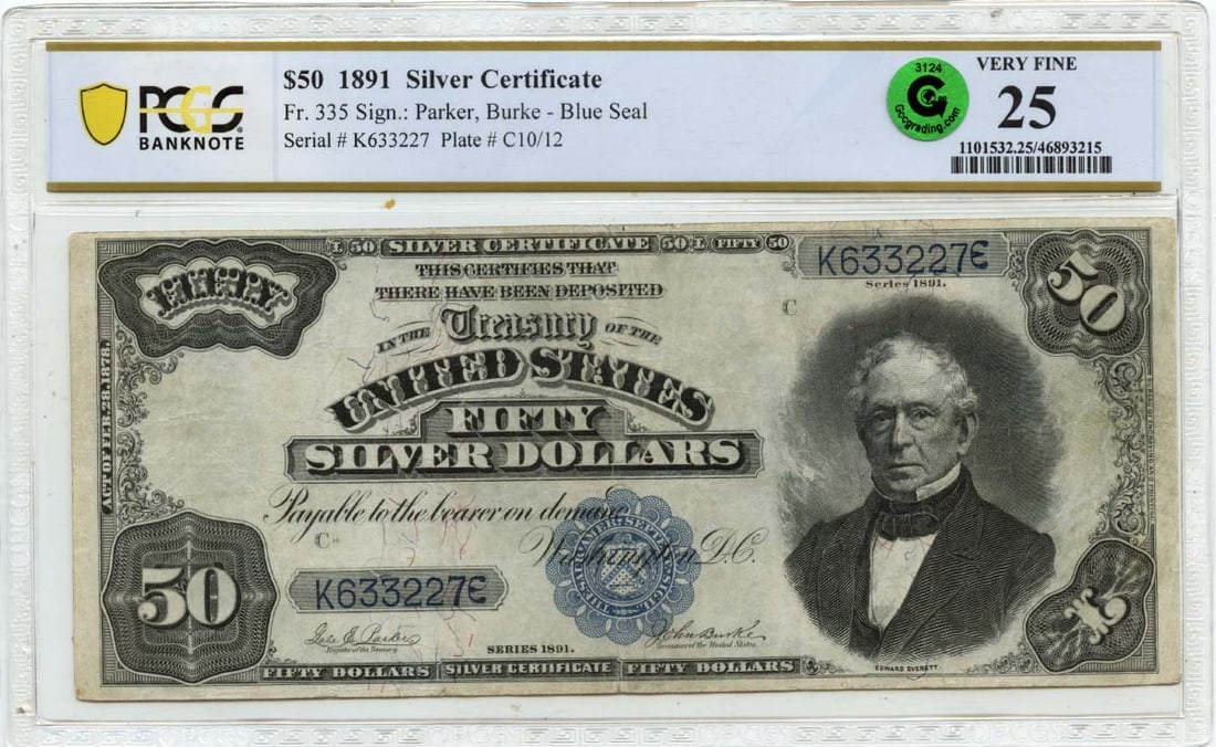 1891 Fifty Dollar Silver Certificate FR335 PCGS Banknote VF25: 1891 Fifty Dollar Silver Certificate FR335 PCGS Banknote VF25 This 1891 $50 Silver Certificate is an exceptional piece of currency history. Graded as VF25 by PMG, this certificate is uncirculated and 