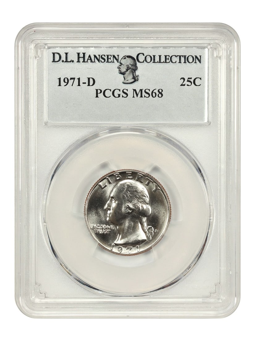 PCGS MS68 1971-D Washington Quarter ex D L Hansen: PCGS MS68 1971-D Washington Quarter ex D L Hansen This is a 1971-D Washington Quarter graded MS68 by PCGS, an uncirculated coin minted in Denver. With a blast white appearance and premium cartwheel lu