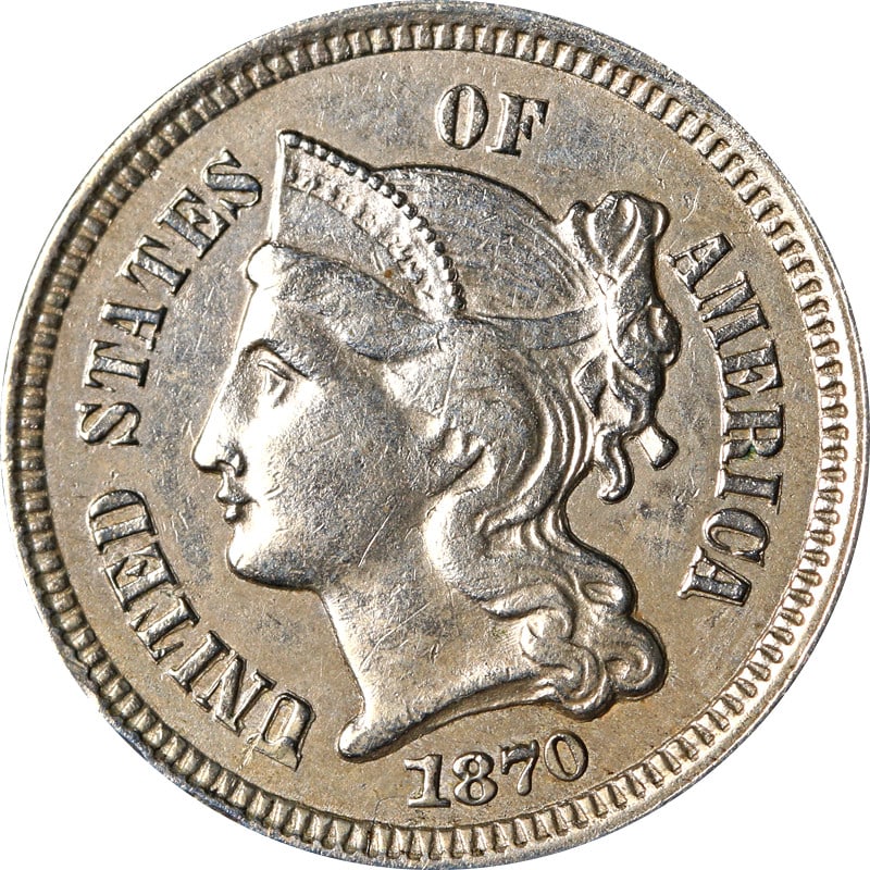 1870 United States Three Cent Nickel Coin Circulated: 1870 United States Three Cent Nickel Coin Circulated This is an 1870 Three Cent Nickel coin from the United States. The coin is circulated and made of nickel. It remains uncertified and is pre-owned. 