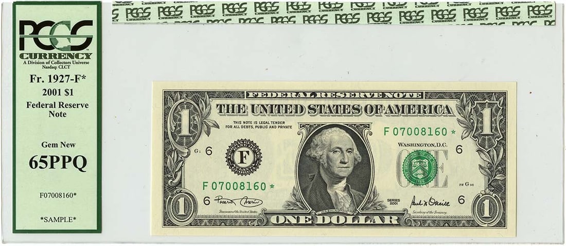 2001 $1 Federal Reserve Note Fr.1927-F PCGS 65PPQ Uncirculated: 2001 $1 Federal Reserve Note Fr.1927-F PCGS 65PPQ Uncirculated This 2001 $1 Federal Reserve Note (Fr. 1927-F) is certified by PCGS Currency with a grade of MS65. It is categorized as uncirculated, ind
