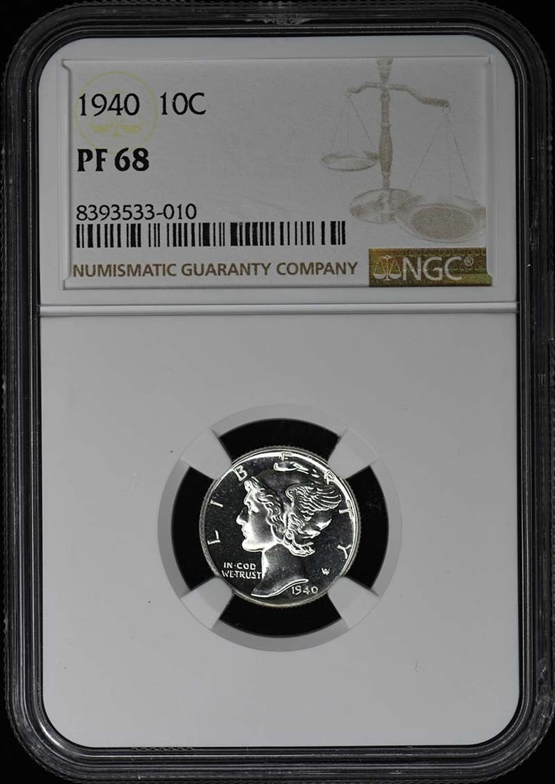 1940 Mercury Dime NGC PR68 Proof Uncirculated Coin: 1940 Mercury Dime NGC PR68 Proof Uncirculated Coin This 1940 Mercury Dime is certified by NGC with a prestigious grade of PR68, indicating its exceptional quality. Struck in Philadelphia, this uncircu