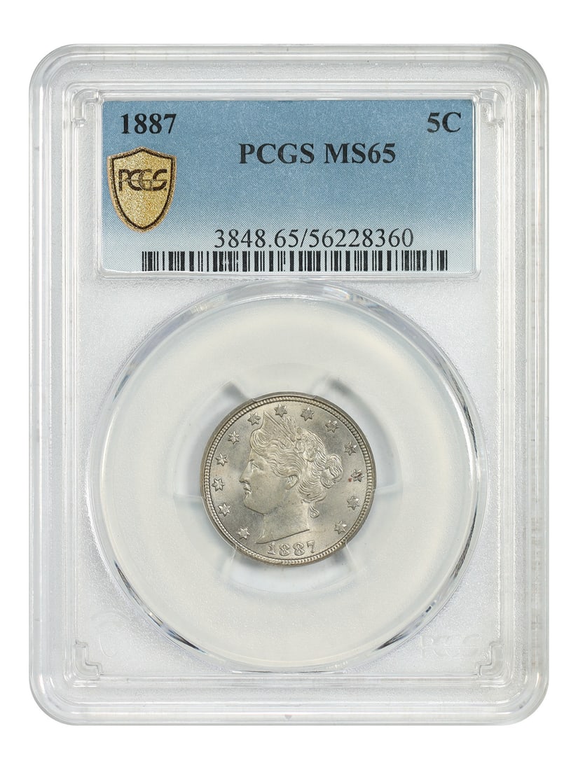 PCGS MS65 1887 Liberty V Nickel Five Cent Philadelphia Uncirculated: PCGS MS65 1887 Liberty V Nickel Five Cent Philadelphia Uncirculated This is an 1887 Liberty "V" Nickel graded MS65 by PCGS. The coin features a frosty gem appearance with minimal toning and is uncircu