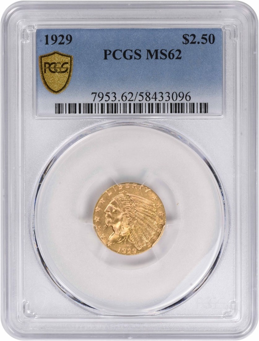 1929 Indian Head $2.50 Gold Coin MS62 PCGS Certified: 1929 Indian Head $2.50 Gold Coin MS62 PCGS Certified This 1929 $2.50 Gold Indian coin is graded MS62 by PCGS and was struck at the Philadelphia Mint. Designed by Bela Lyon Pratt, it features a composi