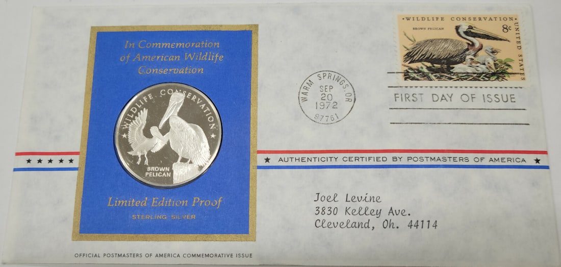 American Wildlife Conservation 1972 Brown Pelican Silver Proof Medal With Stamp: American Wildlife Conservation 1972 Brown Pelican Silver Proof Medal With Stamp This 1972 American Wildlife Conservation Brown Pelican Silver Proof Medal with Stamp is a collectible piece minted by Fr