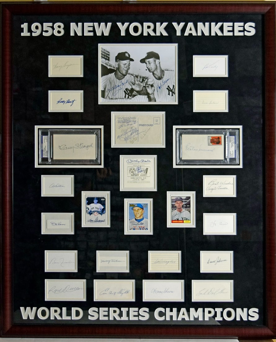 1958 New York Yankees Team Signed Framed Display 33x41 PSA Authenticated: 1958 New York Yankees Team Signed Framed Display 33x41 PSA Authenticated Celebrate the legendary 1958 New York Yankees with this stunning World Series Champs Team Signed Framed Display. This impressiv