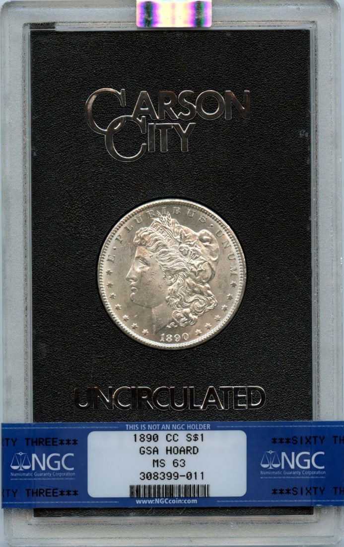 NGC MS63 1890 Carson City Morgan Silver Dollar GSA Hoard: NGC MS63 1890 Carson City Morgan Silver Dollar GSA Hoard This is an 1890 Carson City Morgan Dollar from the GSA Hoard, graded MS63 by NGC. The coin is uncirculated and originates from the United State