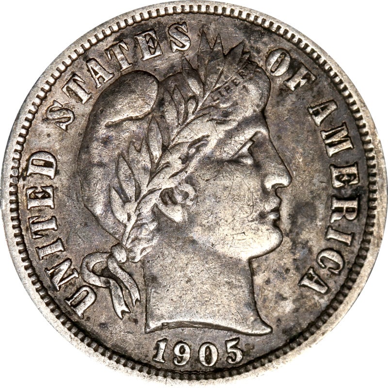 1905-S Barber Dime Circulated Silver Coin: 1905-S Barber Dime Circulated Silver Coin This 1905-S Barber Dime is a classic piece of numismatic history, crafted from silver with a fineness of 0.9. The coin is in circulated condition, showcasing 