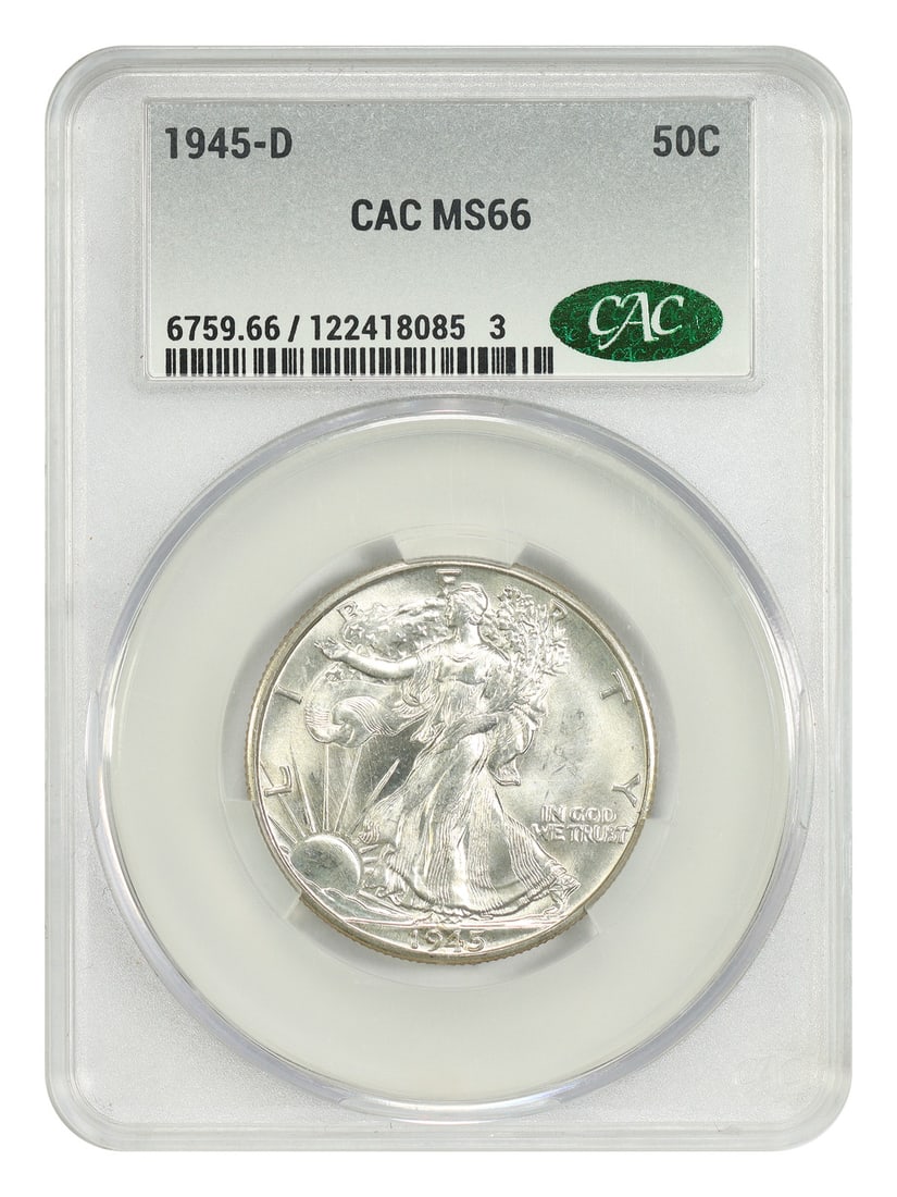 Walking Liberty Half Dollar 1945 Denver CACG MS66 Graded 50C Coin: Walking Liberty Half Dollar 1945 Denver CACG MS66 Graded 50C Coin This 1945-D Walking Liberty Half Dollar is an un-used, pre-owned coin certified by CACG with a grade of MS66. Minted in Denver, it rep