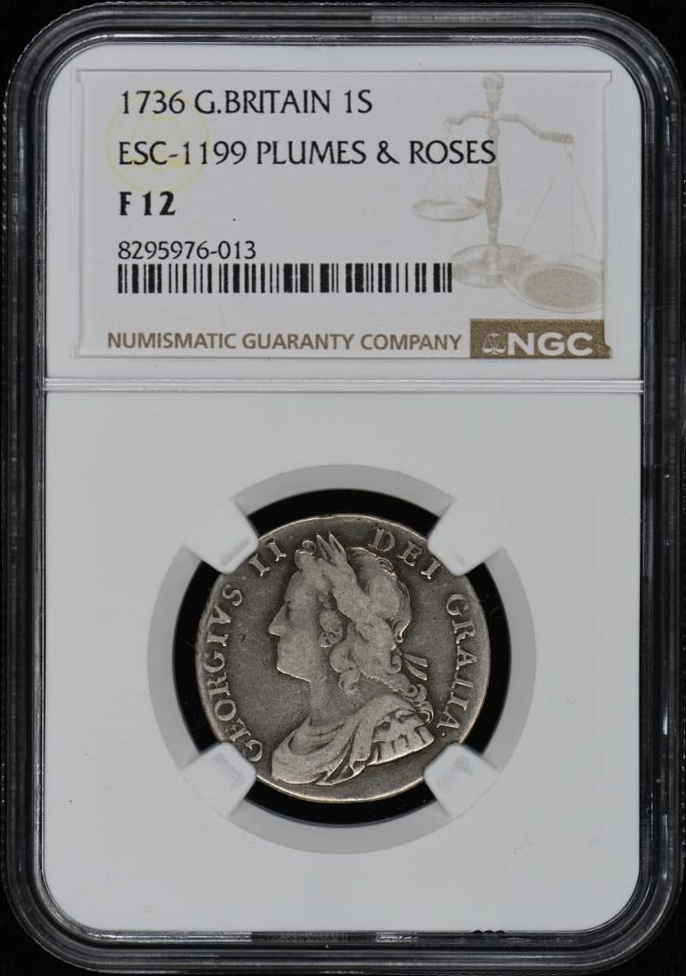 1736 Silver Shilling Plumes and Roses NGC F12 Great Britain ESC-1199: 1736 Silver Shilling Plumes and Roses NGC F12 Great Britain ESC-1199 This is a 1736 Great Britain ESC-1199 Plumes & Roses 1 Shilling silver coin, graded F12 by NGC. The coin is circulated and certifie