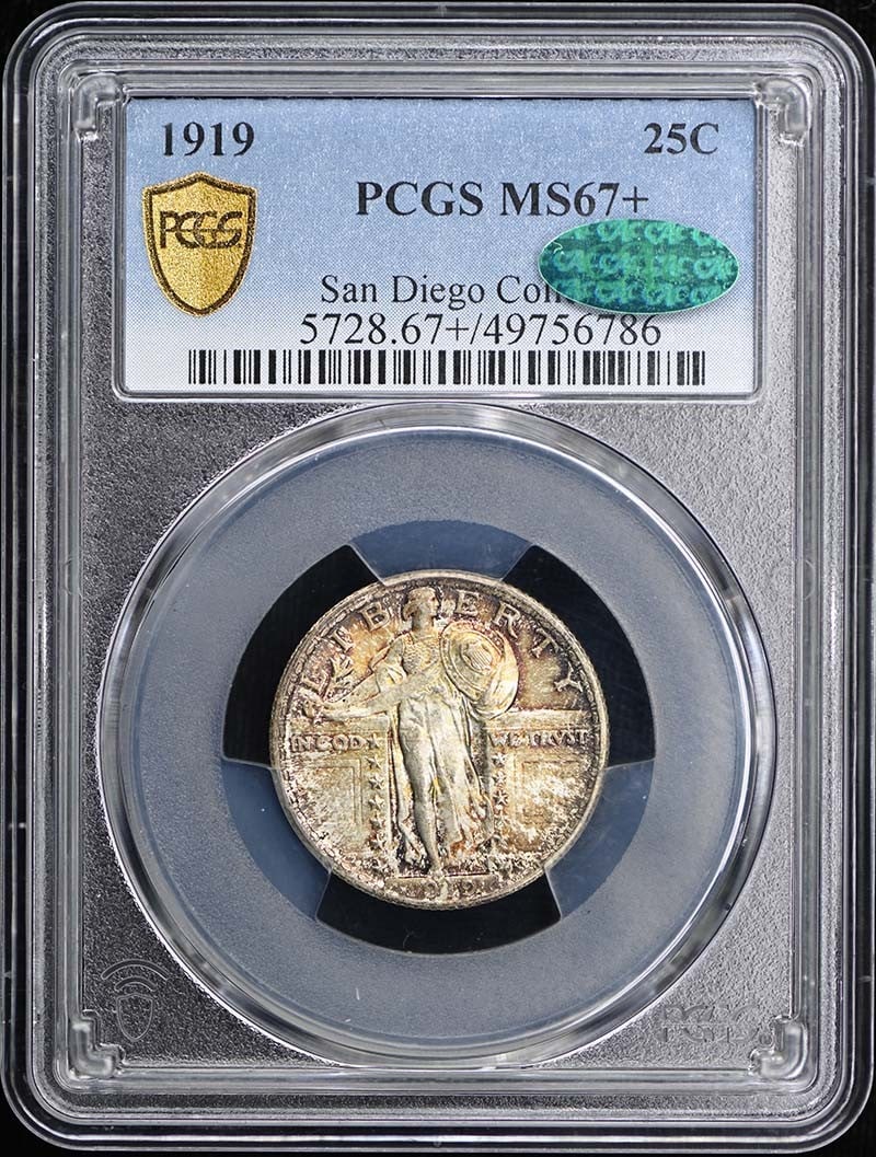 Standing Liberty 1919 Quarter PCGS MS67 Plus CAC Certified: Standing Liberty 1919 Quarter PCGS MS67 Plus CAC Certified This is a 1919 Standing Liberty Quarter graded MS67+ by PCGS, with a CAC designation. The coin is uncirculated and was minted in Philadelphia