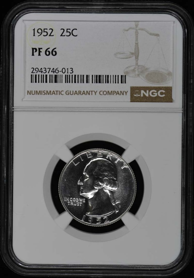 1952 Washington Quarter Proof PR66 NGC Certified Coin: 1952 Washington Quarter Proof PR66 NGC Certified Coin This 1952 Washington Quarter is certified by NGC with a grade of PR66, indicating it is in uncirculated condition. Struck at the Philadelphia Mint