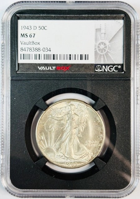 NGC MS-67 1943 Denver Walking Liberty Silver Half Dollar Vault Box: NGC MS-67 1943 Denver Walking Liberty Silver Half Dollar Vault Box This 1943 D Walking Liberty Half Dollar is certified by NGC with a grade of MS 67. Minted in Denver in 1943, this uncirculated coin i