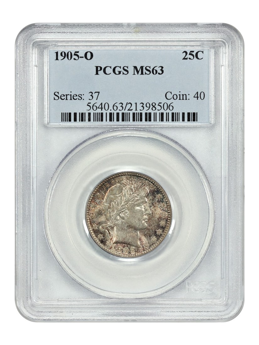 PCGS MS63 Barber Quarter 1905-O Underrated New Orleans Mint Key: PCGS MS63 Barber Quarter 1905-O Underrated New Orleans Mint Key This 1905-O Barber Quarter is graded MS63 by PCGS and is an uncirculated coin from the New Orleans Mint. It features attractive jewel-to