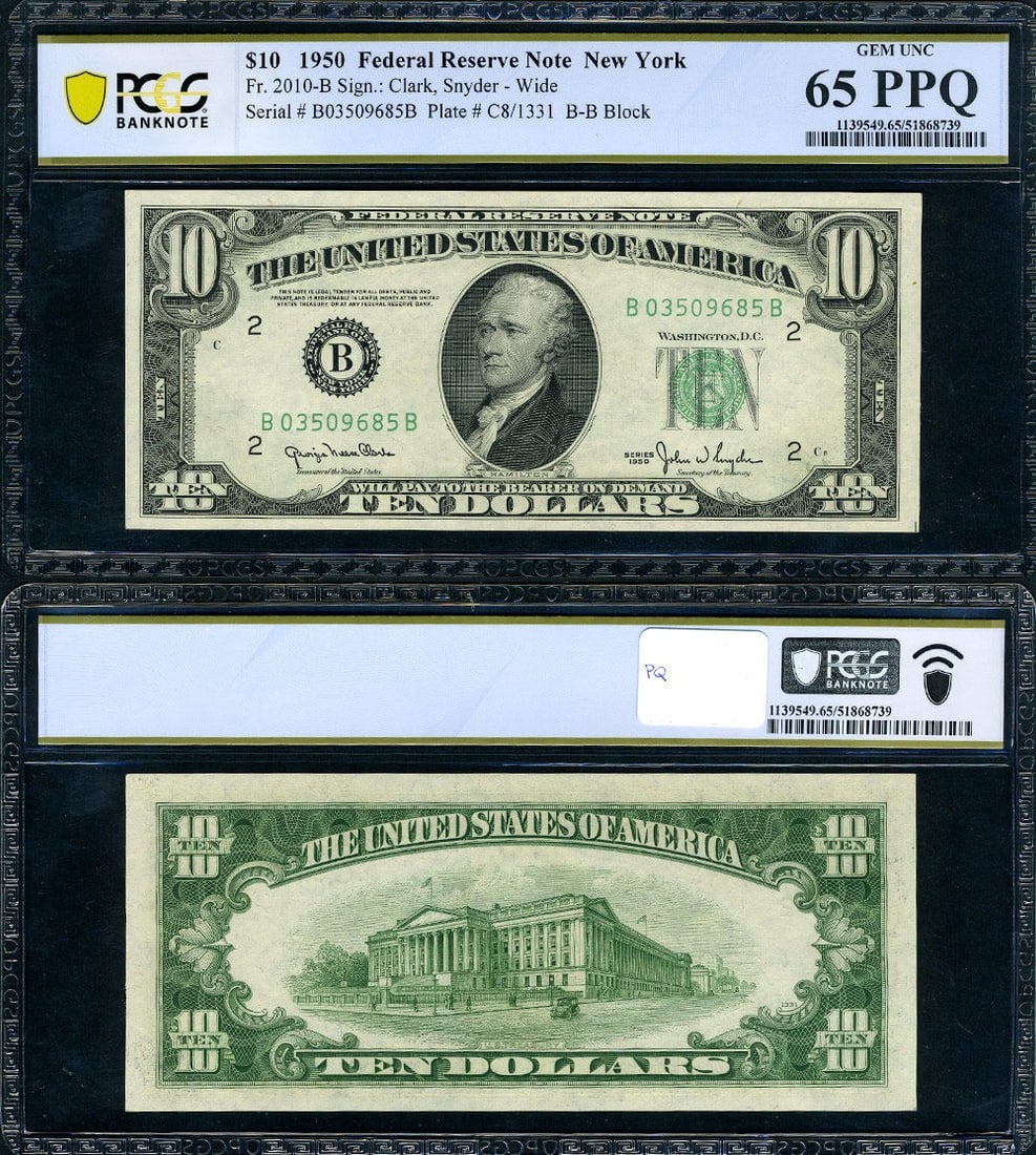 1950 $10 Federal Reserve Note New York B-B Block PCGS Gem CU65 PPQ: 1950 $10 Federal Reserve Note New York B-B Block PCGS Gem CU65 PPQ This 1950 Federal Reserve Note features a denomination of $10 and is part of the New York B-B Block. Graded by PCGS as Gem CU65, it s