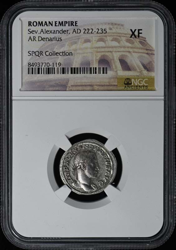 Roman Empire Silver Denarius of Severus Alexander NGC XF40: Roman Empire Silver Denarius of Severus Alexander NGC XF40 This is a Roman Empire AR Denarius coin from the reign of Severus Alexander, dating from AD 222-235. The coin has been certified by NGC with 