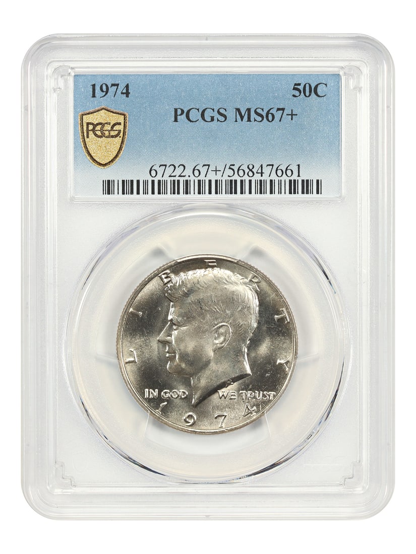 1974 Kennedy Half Dollar PCGS MS67 Plus Philadelphia Mint: 1974 Kennedy Half Dollar PCGS MS67 Plus Philadelphia Mint This 1974 Kennedy Half Dollar is graded MS67+ by PCGS and is uncirculated. It features radiant luster with a light golden-grey hue and was min