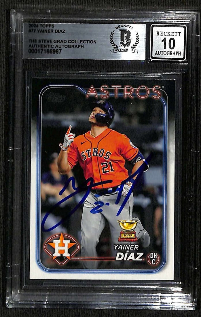 Yanier Diaz Houston Astros Autographed 2024 Topps Heritage Card Beckett Grade 10: Yanier Diaz Houston Astros Autographed 2024 Topps Heritage Card Beckett Grade 10 This is an autographed 2024 Topps Heritage #77 sports trading card featuring Yanier Diaz, designated hitter for the Hou