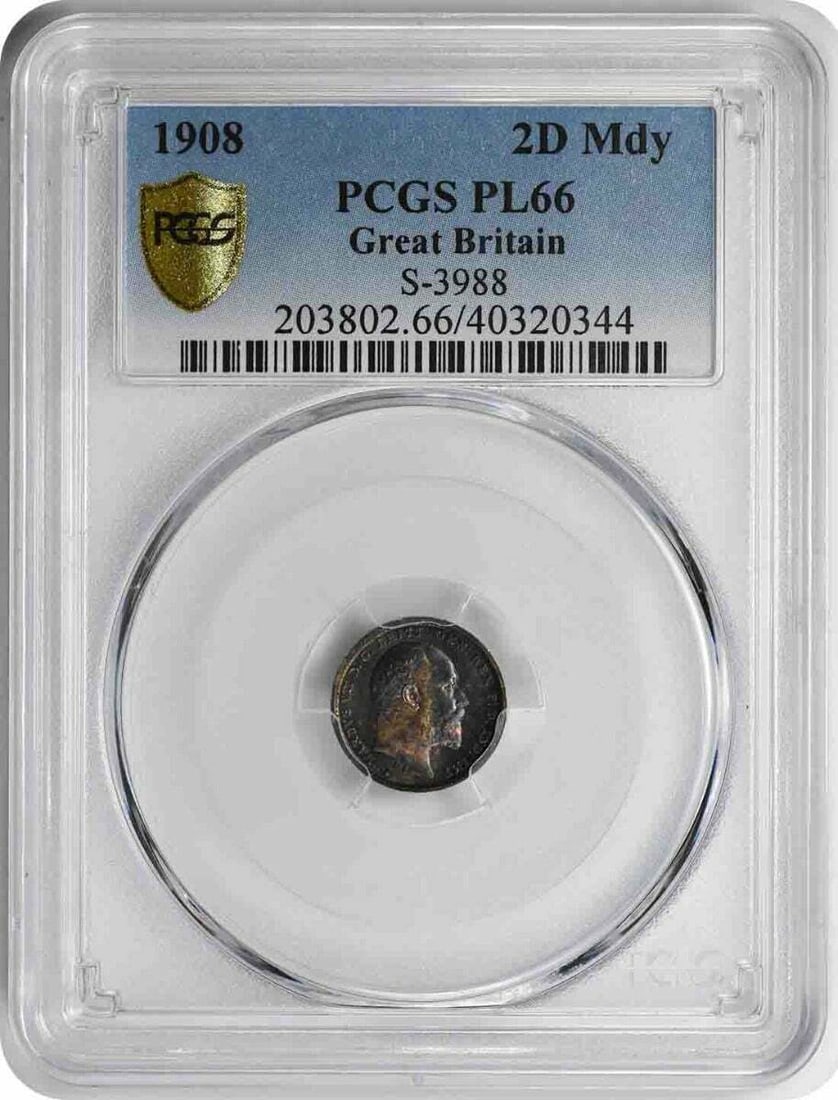 PCGS SP66 1908 United Kingdom Maundy 2 Pence Coin: PCGS SP66 1908 United Kingdom Maundy 2 Pence Coin This 1908 Great Britain 2 Pence Maundy coin is certified by PCGS with a high grade of PL66. The coin originates from the United Kingdom and is classif