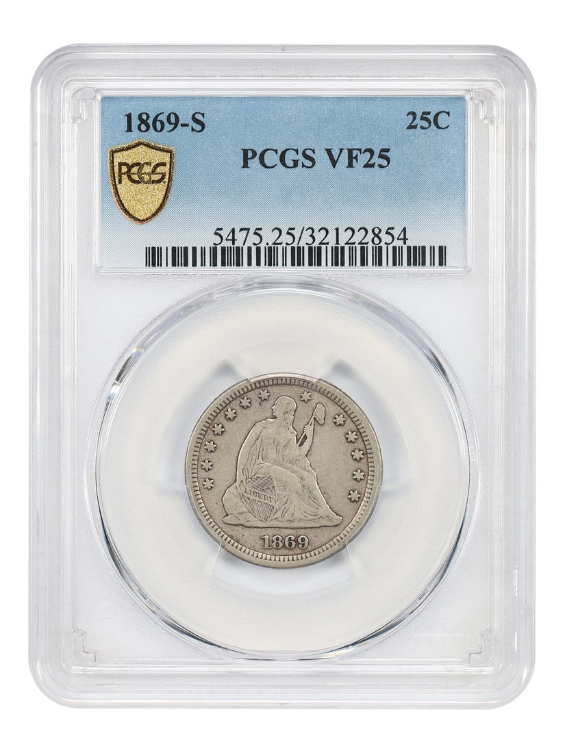 PCGS VF25 1869 San Francisco Liberty Seated 25C Quarter: PCGS VF25 1869 San Francisco Liberty Seated 25C Quarter This is an 1869-S Liberty Seated Quarter graded VF25 by PCGS. Struck in San Francisco, this scarce coin is part of the Liberty Seated Quarter se