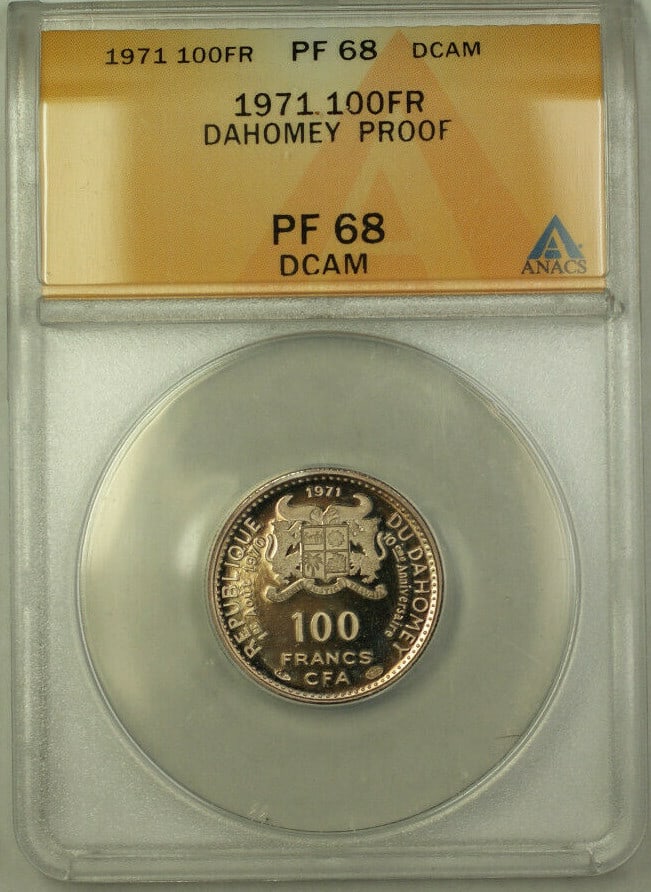 ANACS PF 68 Deep Cameo 1971 Dahomey Silver 100 Franc Proof Coin: ANACS PF 68 Deep Cameo 1971 Dahomey Silver 100 Franc Proof Coin This is a 1971 Dahomey Proof 100 Franc coin, certified by ANACS with a grade of PF 68 Deep Cameo. The coin is composed of .999 fine silv