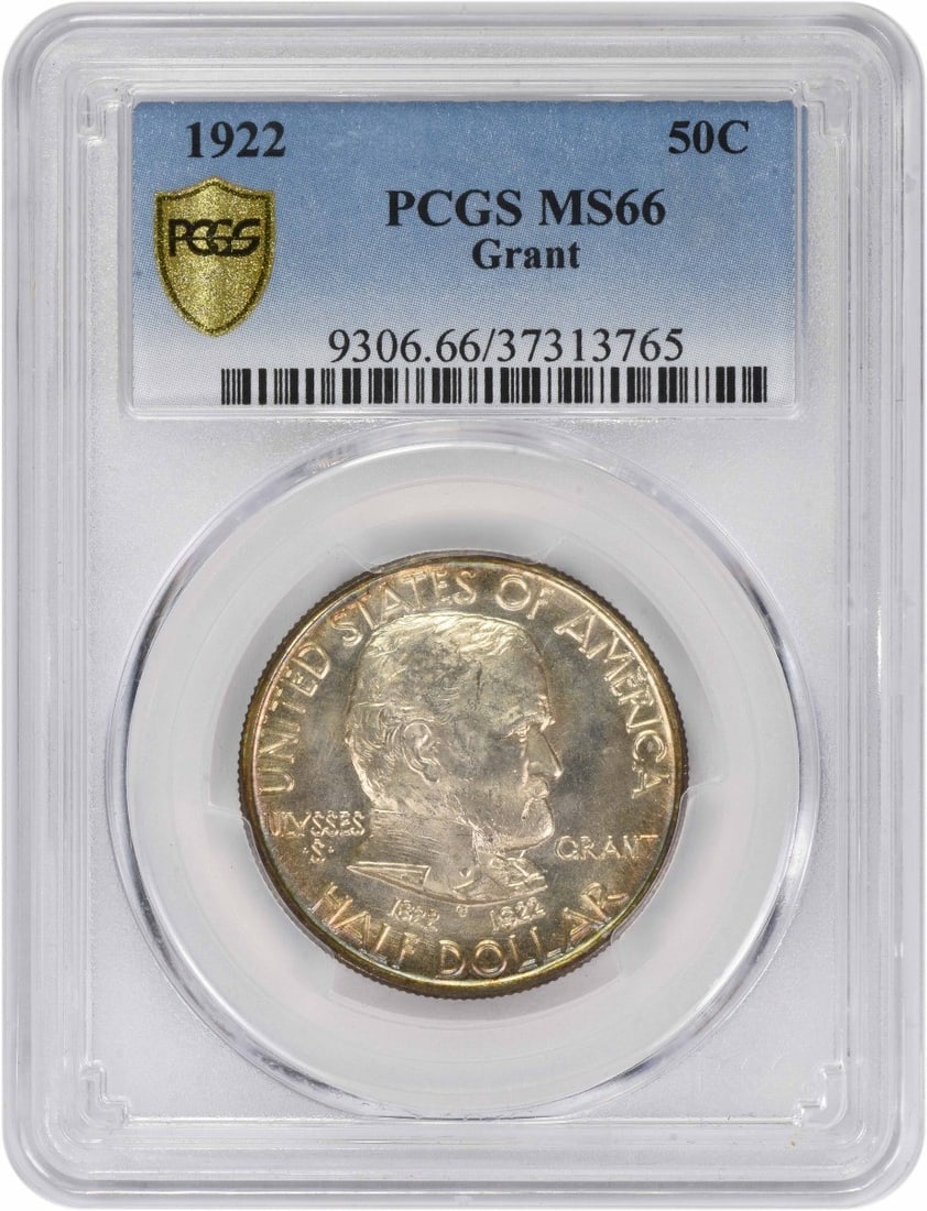 1922 Silver Grant Half Dollar Commemorative Coin PCGS MS66: 1922 Silver Grant Half Dollar Commemorative Coin PCGS MS66 This is a 1922 Grant Commemorative Silver Half Dollar, certified by PCGS with a grade of MS66. The coin is uncirculated and features a commem