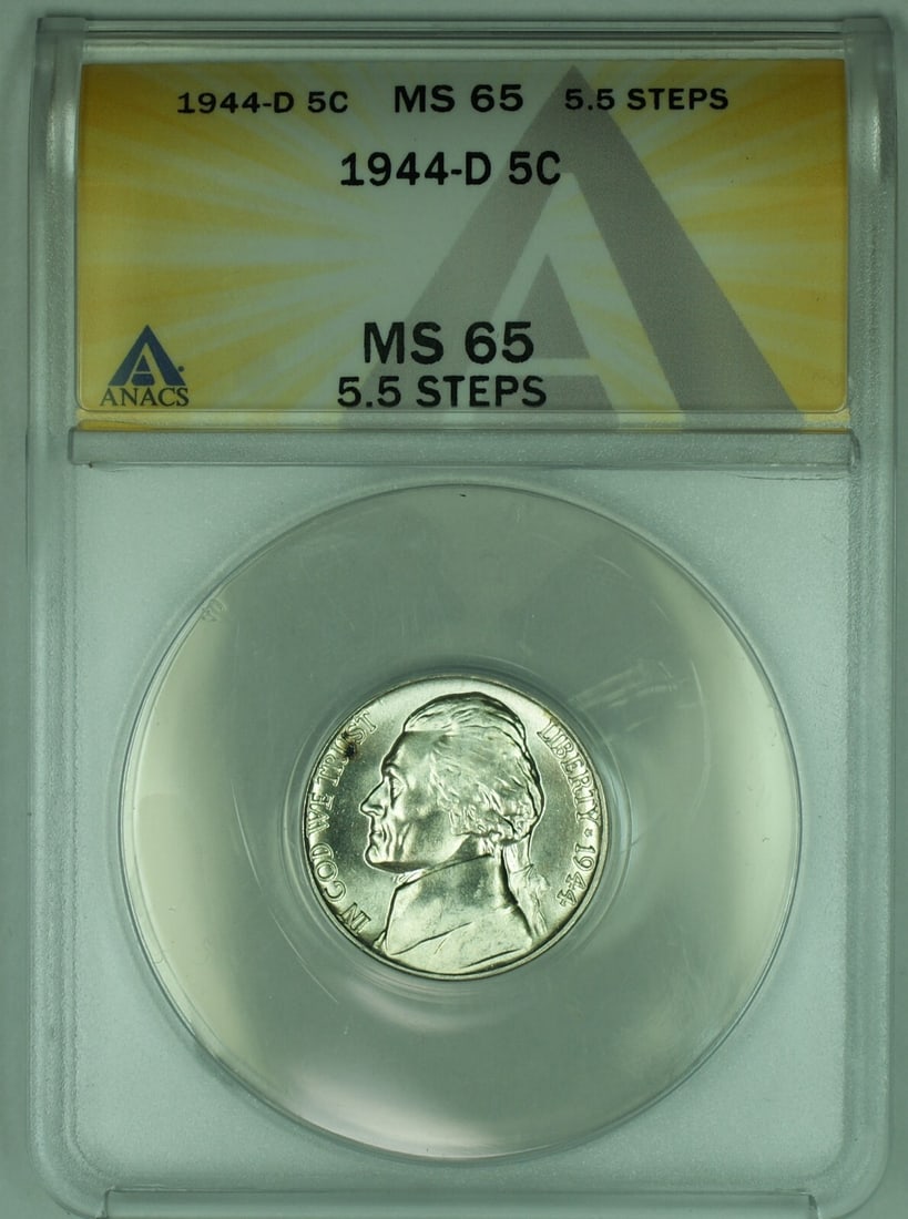1944-D Jefferson 5C Silver Nickel ANACS MS 65 With 5.5 Steps: 1944-D Jefferson 5C Silver Nickel ANACS MS 65 With 5.5 Steps This is a 1944-D Jefferson Silver Nickel with a denomination of 5 cents, minted in the United States. The coin is composed of silver and is