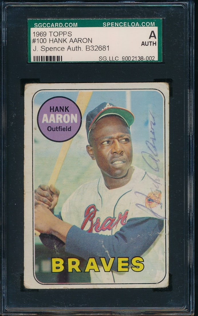 Hank Aaron Autographed 1969 TOPPS Card #100 Braves SGC Authenticated: Hank Aaron Autographed 1969 TOPPS Card #100 Braves SGC Authenticated This 1969 TOPPS #100 card features the legendary Hank Aaron, signed and authenticated, making it a must-have for any baseball memor