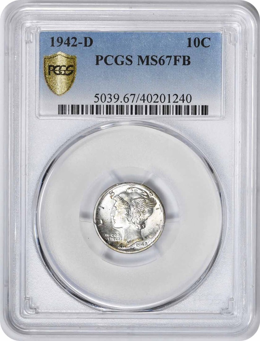 1942-D Mercury Silver Dime MS67FB PCGS Uncirculated 90% Silver: 1942-D Mercury Silver Dime MS67FB PCGS Uncirculated 90% Silver This 1942-D Mercury Silver Dime is a stunning example of numismatic artistry, graded MS67FB by PCGS. Struck in Denver, this uncirculated 