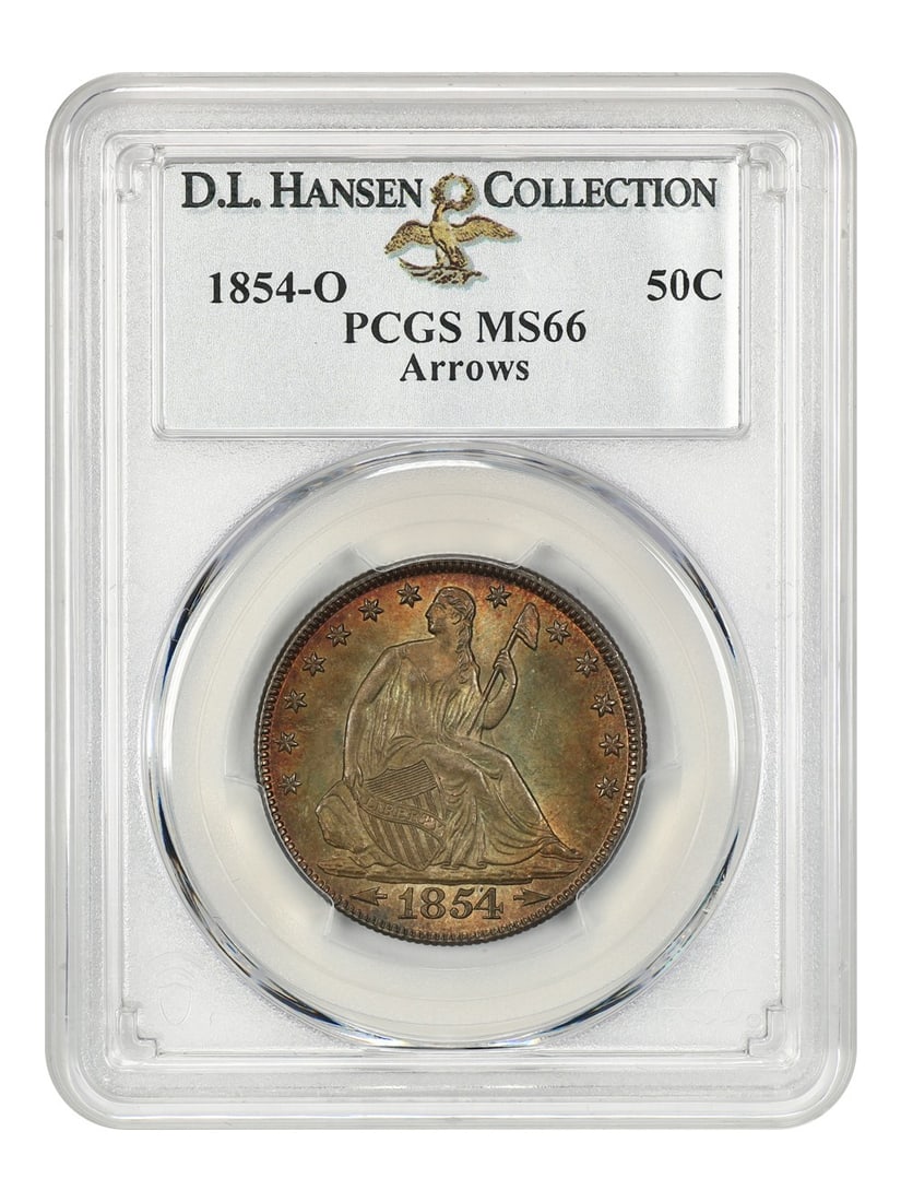 1854-O 50c PCGS MS66 Liberty Seated Half Dollar Arrows Type: 1854-O 50c PCGS MS66 Liberty Seated Half Dollar Arrows Type This 1854-O 50c Liberty Seated Half Dollar is an exceptional piece, graded MS66 by PCGS, featuring a beautiful array of light orange and gre