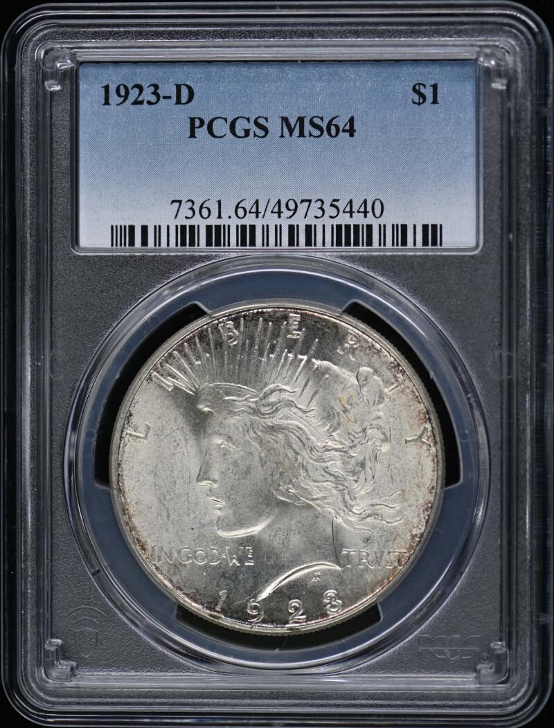 1923-D Peace Dollar PCGS MS64 Uncirculated Denver Mint Coin: 1923-D Peace Dollar PCGS MS64 Uncirculated Denver Mint Coin This 1923-D Peace Dollar is a remarkable piece of numismatic history, certified by PCGS with a grade of MS64. Struck in Denver, this uncircu