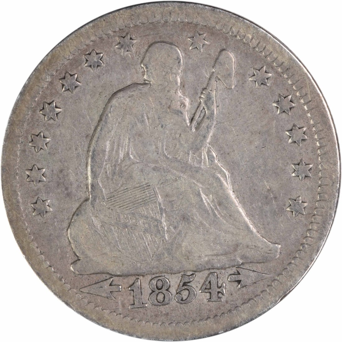 1854 New Orleans Seated Liberty Quarter Arrows 25C VF Uncertified: 1854 New Orleans Seated Liberty Quarter Arrows 25C VF Uncertified This 1854-O Liberty Seated Quarter features the arrows design and was minted in New Orleans. The coin is circulated and graded as Very