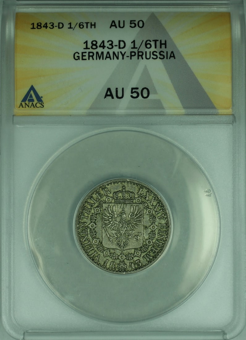 Germany 1843-D Prussia 1/6 Thaler Silver KM 436.1 ANACS AU-50: Germany 1843-D Prussia 1/6 Thaler Silver KM 436.1 ANACS AU-50 This 1843-D Germany Prussia 1/6th Thaler silver coin is certified by ANACS with a grade of AU 50. The coin is composed of 0.521 fine silve
