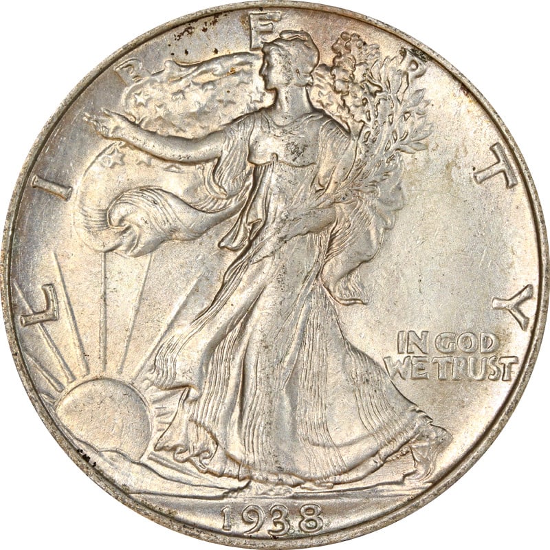 1938 Philadelphia Walking Liberty Silver Half Dollar United States Coin: 1938 Philadelphia Walking Liberty Silver Half Dollar United States Coin This is a 1938-P Walking Liberty Half Dollar coin composed of 90% silver. Minted in Philadelphia, it is a circulated, pre-owned 