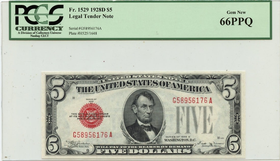 1928D $5 Legal Tender Note FR#1529 PCGS MS66 Gem Quality: 1928D $5 Legal Tender Note FR#1529 PCGS MS66 Gem Quality This 1928D $5 Legal Tender Note, designated as FR#1529, is graded by PCGS as MS66, indicating it is in uncirculated condition. This gem-quality