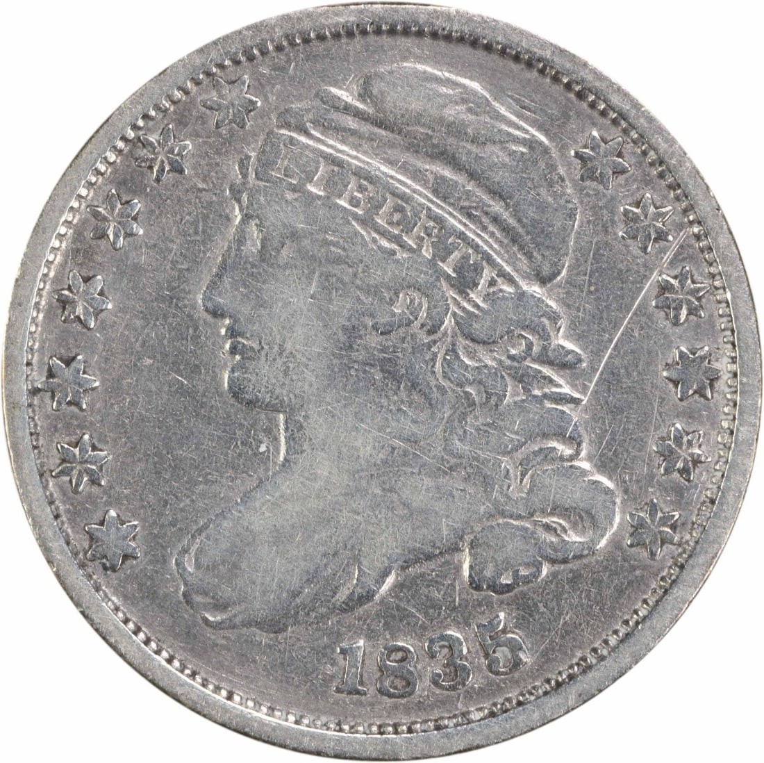 1835 Capped Bust Silver Dime 10C Uncertified Philadelphia Mint: 1835 Capped Bust Silver Dime 10C Uncertified Philadelphia Mint This 1835 Capped Bust Silver Dime features a classic design by John Reich and is a great addition to any coin collection. It is a circula