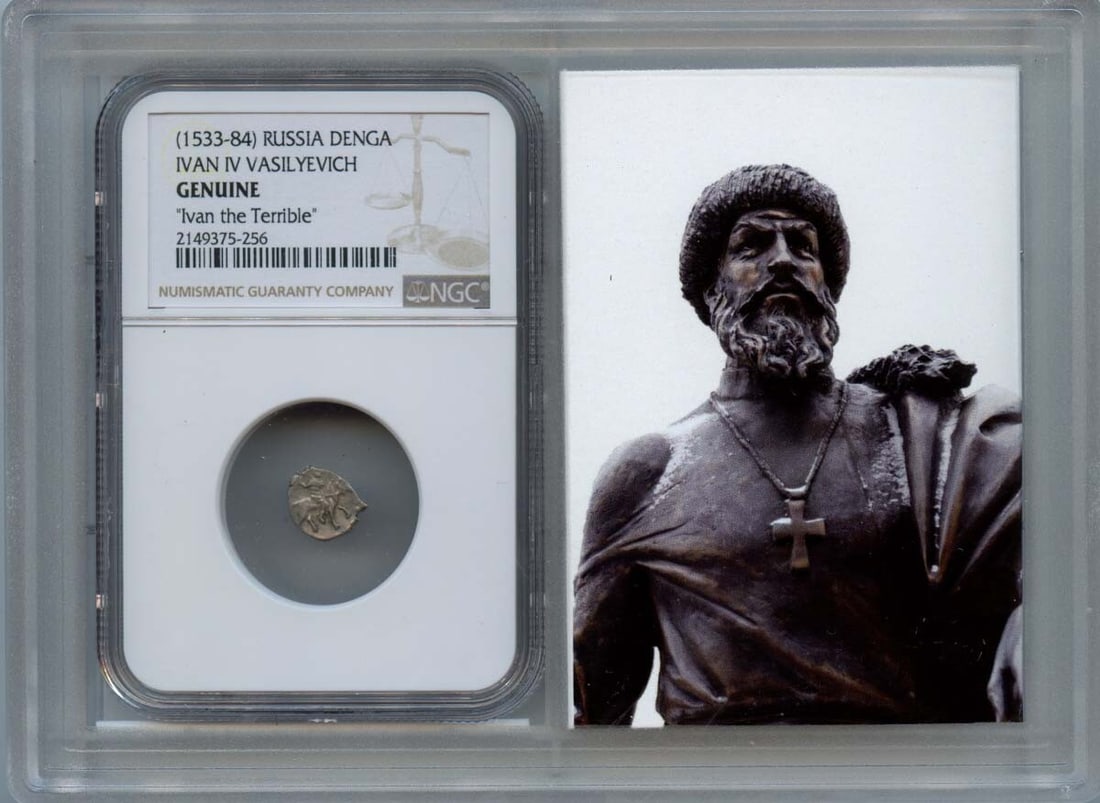 NGC Certified Ivan IV Vasilyevich Denga Coin from Russia: NGC Certified Ivan IV Vasilyevich Denga Coin from Russia This is a pre-owned Russian Denga coin from the era of Ivan IV Vasilyevich (1533-1584), authenticated by NGC. The coin is encapsulated in a sto