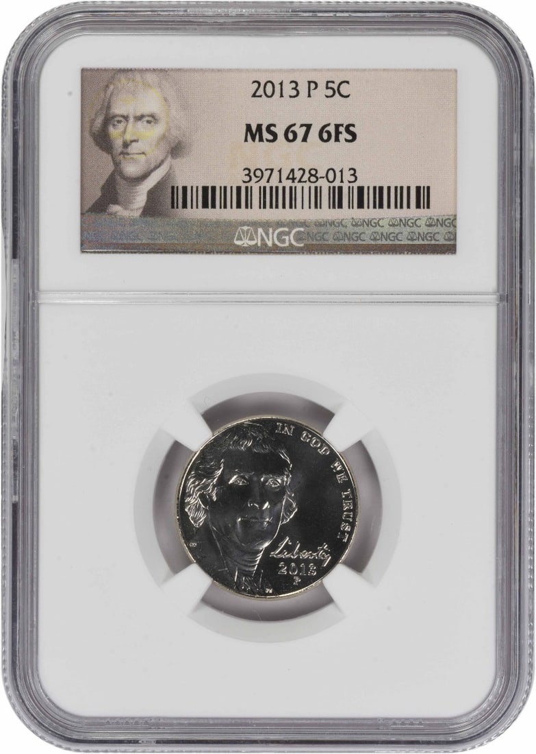 NGC MS67 2013 Philadelphia Jefferson Nickel Six Full Steps: NGC MS67 2013 Philadelphia Jefferson Nickel Six Full Steps This 2013-P Jefferson Nickel is graded MS67 with 6 Full Steps by NGC. Struck at the Philadelphia Mint, the coin is uncirculated and features 