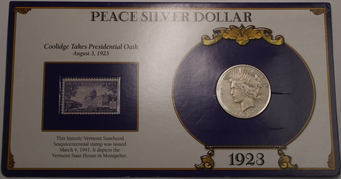 1923 Peace Dollar Silver Coin with Vermont Statehood Stamp and Information: 1923 Peace Dollar Silver Coin with Vermont Statehood Stamp and Information This 1923 Peace Silver Dollar coin was minted in Philadelphia and is part of the renowned Peace Silver Dollar collection. It 