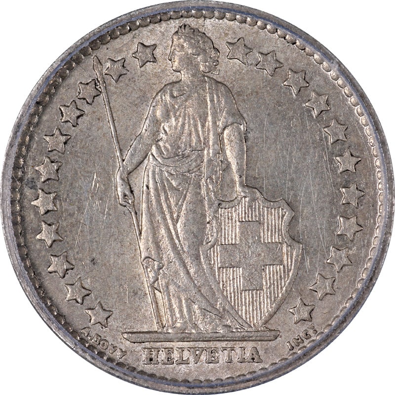 1909-B Switzerland Half Franc ICG Certified MS63 Coin: 1909-B Switzerland Half Franc ICG Certified MS63 Coin This 1909-B Half Franc from Switzerland is certified by ICG with a grade of MS63, indicating its uncirculated condition. The coin features a compo
