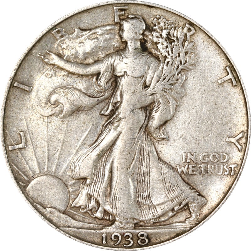 Silver 1938 D Walking Liberty Half Dollar Key Date US Coin: Silver 1938 D Walking Liberty Half Dollar Key Date US Coin This is a circulated 1938-D Walking Liberty Half Dollar, recognized as a key date for collectors. Composed of 90% silver, this coin was minte