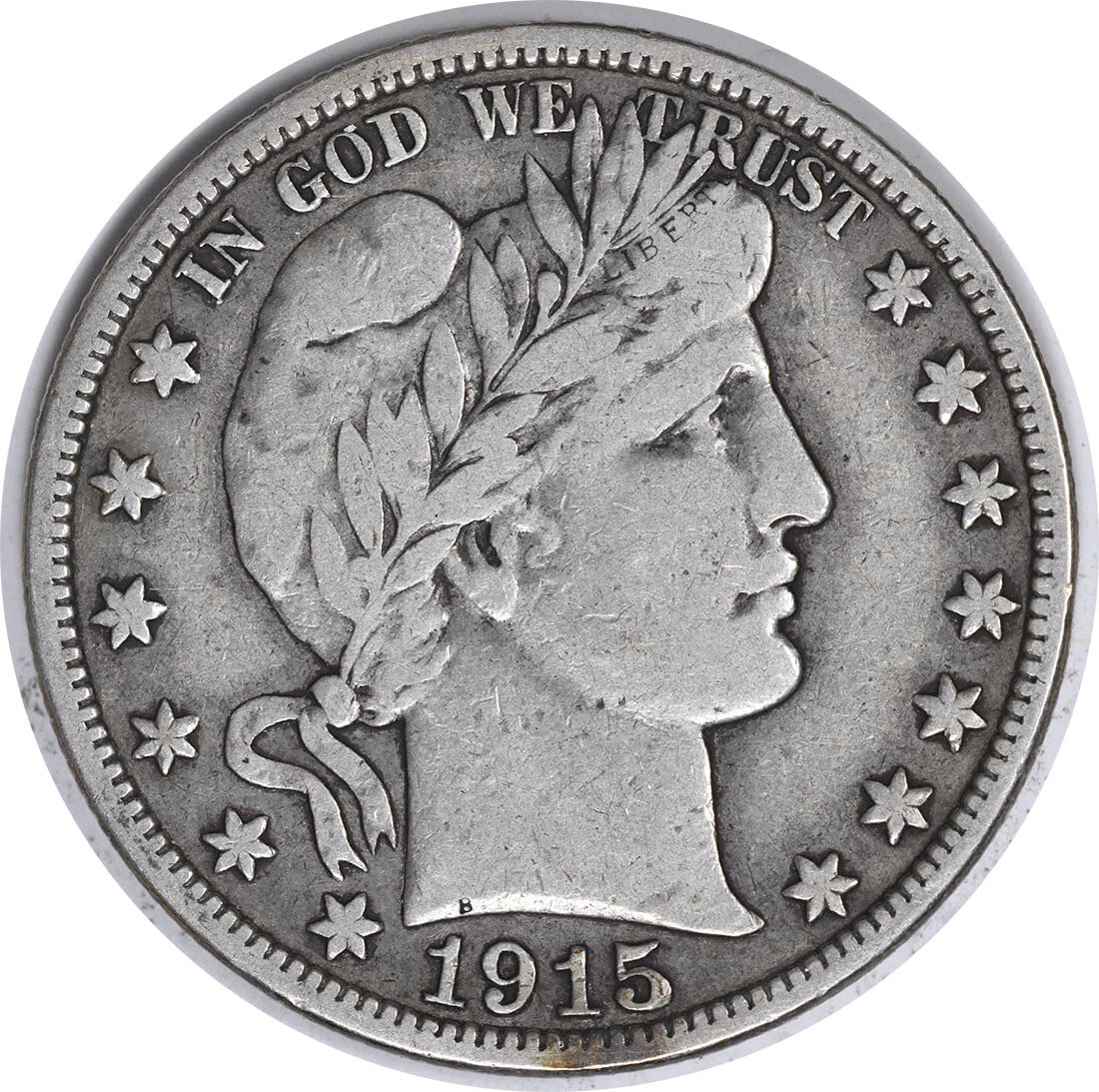 1915 San Francisco Barber Half Dollar 90 Percent Silver VF Uncertified: 1915 San Francisco Barber Half Dollar 90 Percent Silver VF Uncertified This 1915-S Barber Silver Half Dollar is a circulated coin from the United States, minted in San Francisco. Designed by Charles E