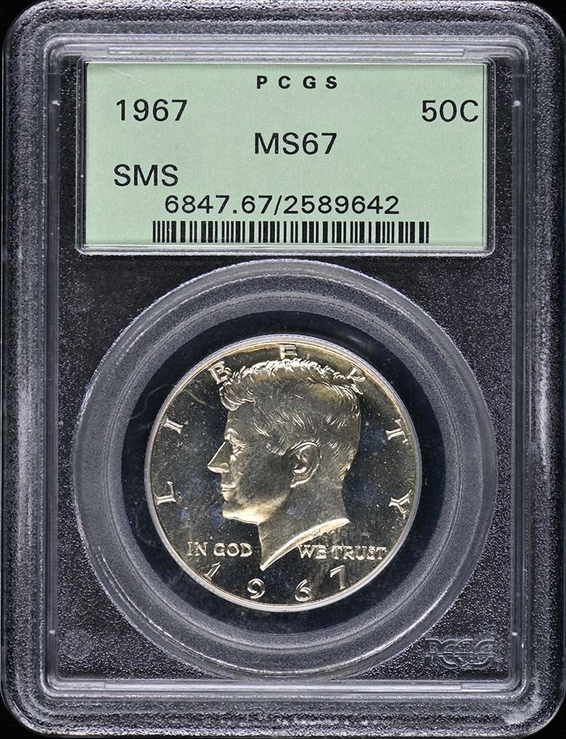 1967 Kennedy Half Dollar Silver Clad PCGS SP67 Uncirculated: 1967 Kennedy Half Dollar Silver Clad PCGS SP67 Uncirculated This 1967 Kennedy Half Dollar is a silver clad coin, meticulously graded by PCGS as SP67, indicating its exceptional condition. Minted in Ph