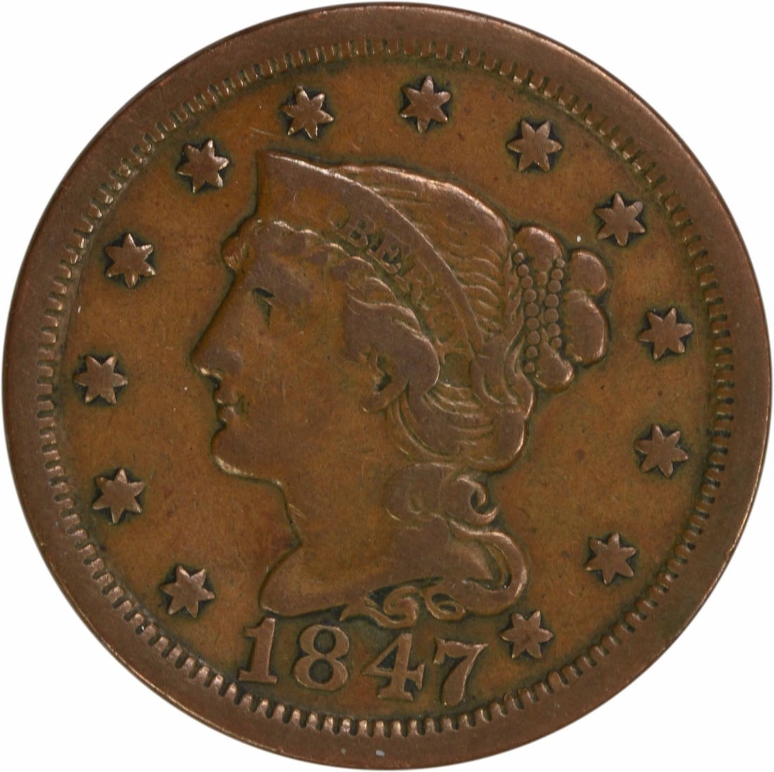 1847 Braided Hair Large Cent Copper Coin VF Uncertified (1 of 2)