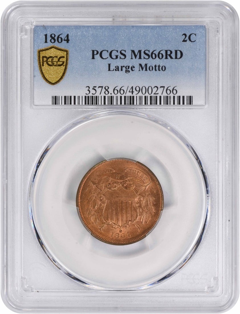 1864 MS66RD Two Cent Piece Large Motto PCGS Certified: 1864 MS66RD Two Cent Piece Large Motto PCGS Certified This 1864 Two Cent Piece, featuring the Large Motto, is a remarkable example of American numismatics. Graded MS66RD by PCGS, this uncirculated coi