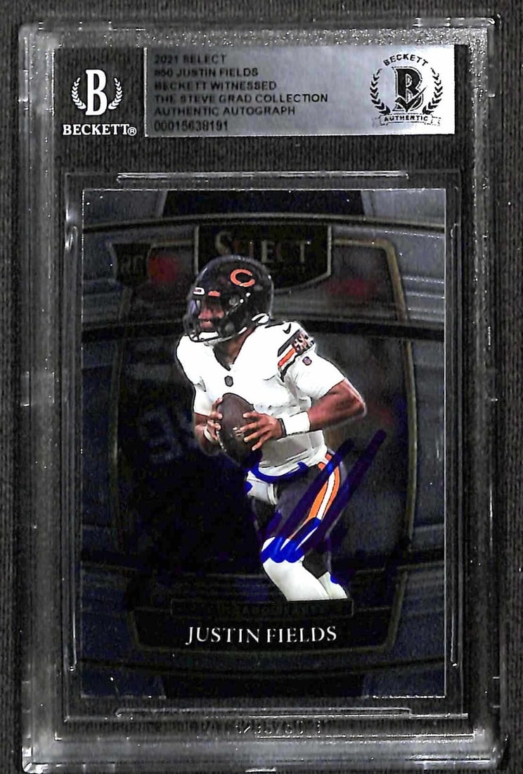 Autographed 2021 Select Football Card #50 Justin Fields Beckett Witness: Autographed 2021 Select Football Card #50 Justin Fields Beckett Witness This is an original 2021 Select #50 sports trading card signed by Chicago Bears quarterback Justin Fields in blue permanent mark