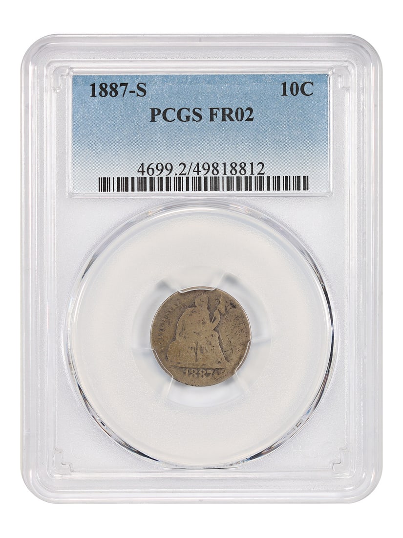 PCGS Fair 02 San Francisco 1887 Liberty Seated Dime 10C: PCGS Fair 02 San Francisco 1887 Liberty Seated Dime 10C This is an 1887-S Liberty Seated Dime graded Fair 02 by PCGS. Minted in San Francisco, this circulated coin belongs to the Liberty Seated Dime s