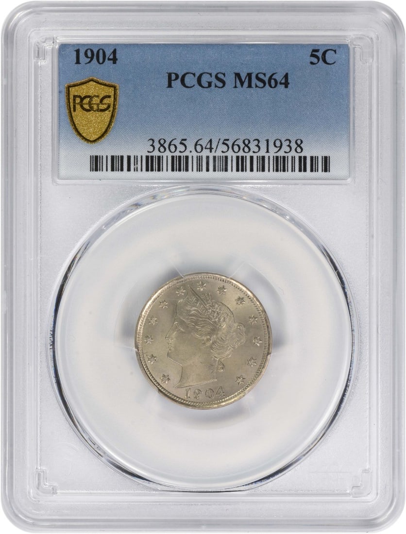 1904 United States Liberty 5 Cent Nickel PCGS Graded MS64: 1904 United States Liberty 5 Cent Nickel PCGS Graded MS64 This 1904 Liberty Nickel is certified MS64 by PCGS, indicating an uncirculated coin in excellent condition. Struck at the Philadelphia Mint, t
