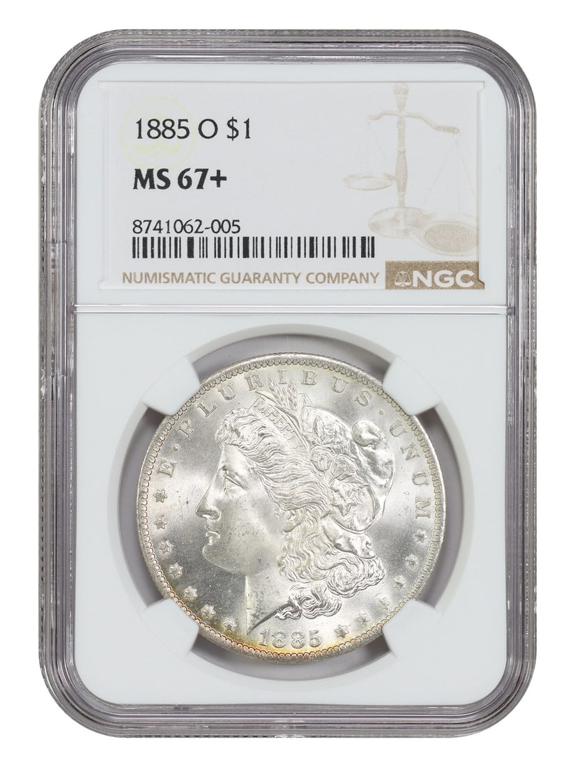 NGC MS67 Plus 1885-O Morgan Silver Dollar Uncirculated New Orleans Mint: NGC MS67 Plus 1885-O Morgan Silver Dollar Uncirculated New Orleans Mint This 1885-O Morgan Dollar is graded MS67+ by NGC and comes from the New Orleans Mint. It features sharp details, intense mint lu