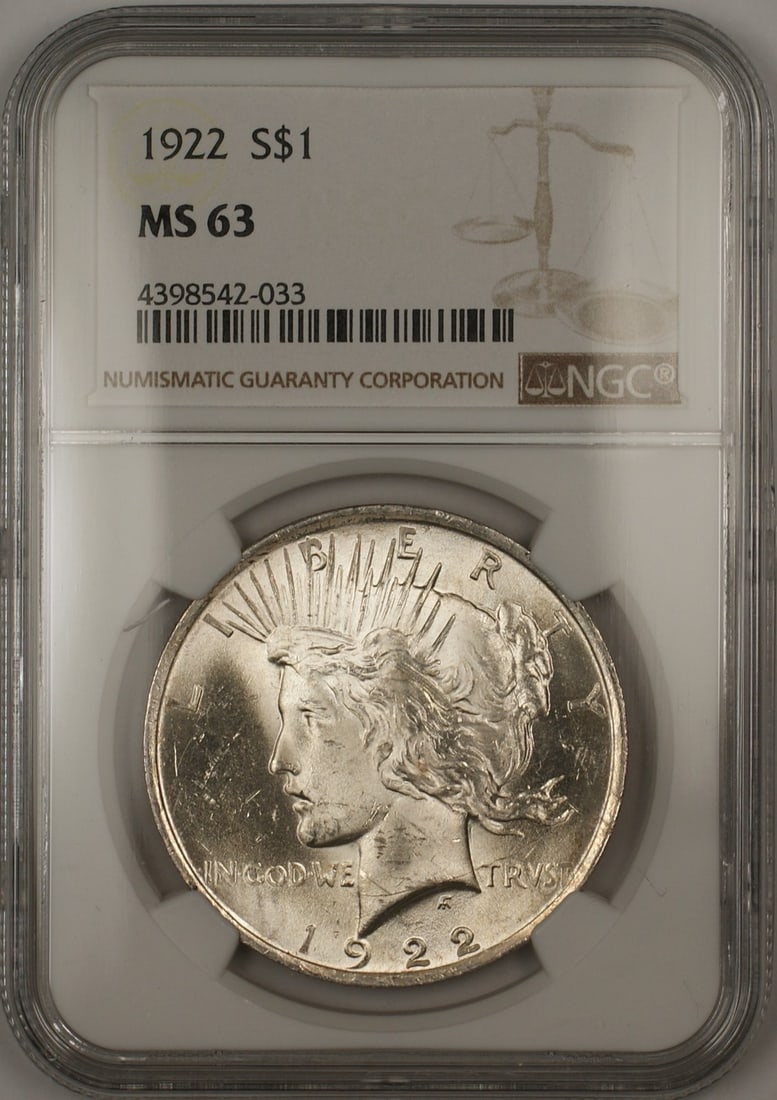 1922 Philadelphia Silver Peace Dollar NGC MS-63 Uncirculated $1 Coin: 1922 Philadelphia Silver Peace Dollar NGC MS-63 Uncirculated $1 Coin This is a 1922 Silver Peace Dollar $1 coin graded MS-63 by NGC. Struck in Philadelphia, this uncirculated coin is composed of silve