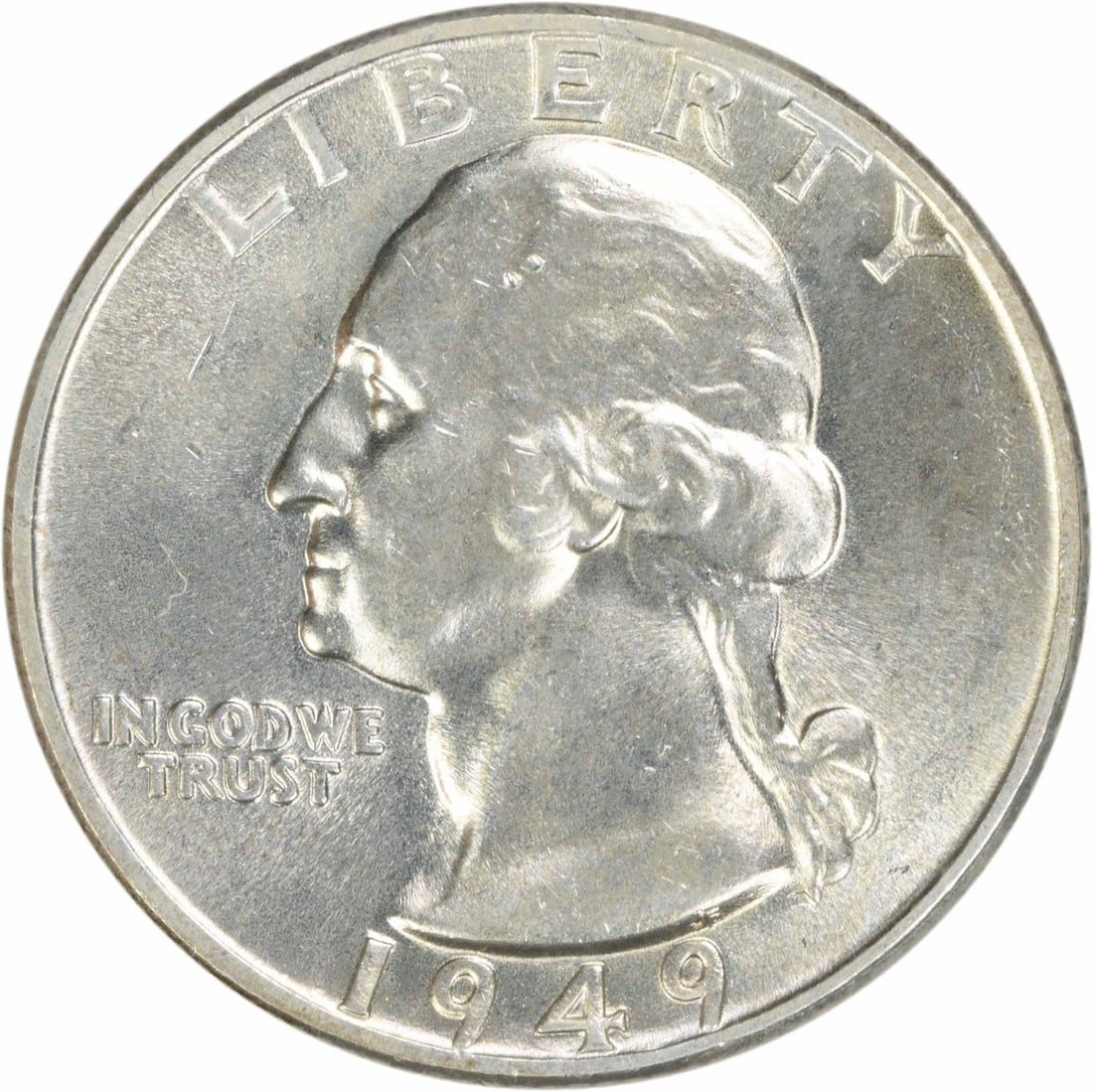 Choice BU Plus 1949 Silver Washington Quarter Uncertified Coin: Choice BU Plus 1949 Silver Washington Quarter Uncertified Coin This 1949 Washington Quarter is composed of silver and features a Choice Brilliant Uncirculated (BU+) grade. The coin is uncertified and 